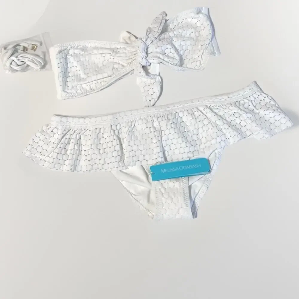 New Melissa Odabash India Crochet Ruffle Bikini Set Swim Bandeau Top White Sz 6
